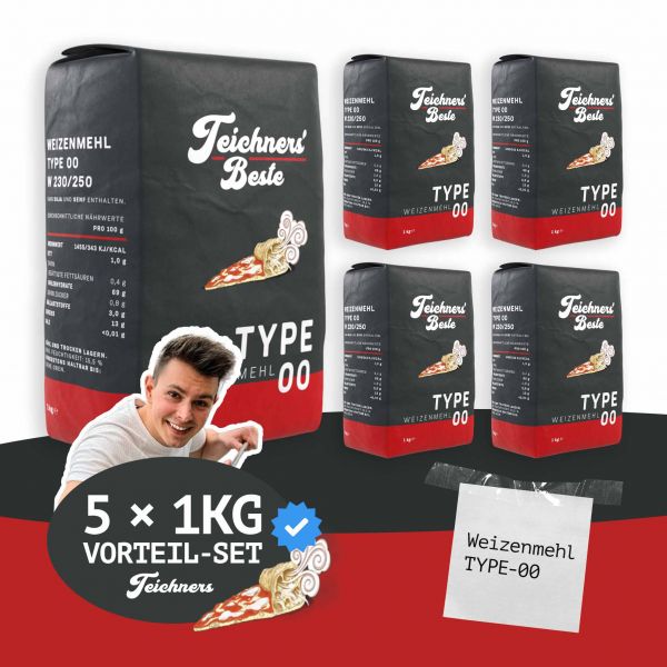 Teichners Beste | Weizenmehl für Pizza "Type 00 / Tipo 00" | 5× 1kg Set